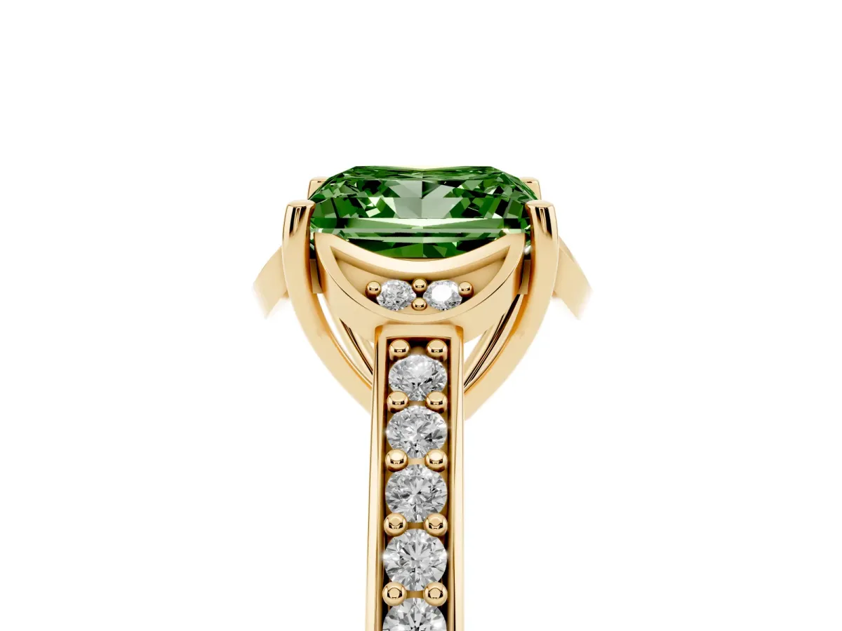 Fancy Green Princess Cut Cut Halo Diamond Ring with Channel Set Band and Four-Prong Setting Yellow gold