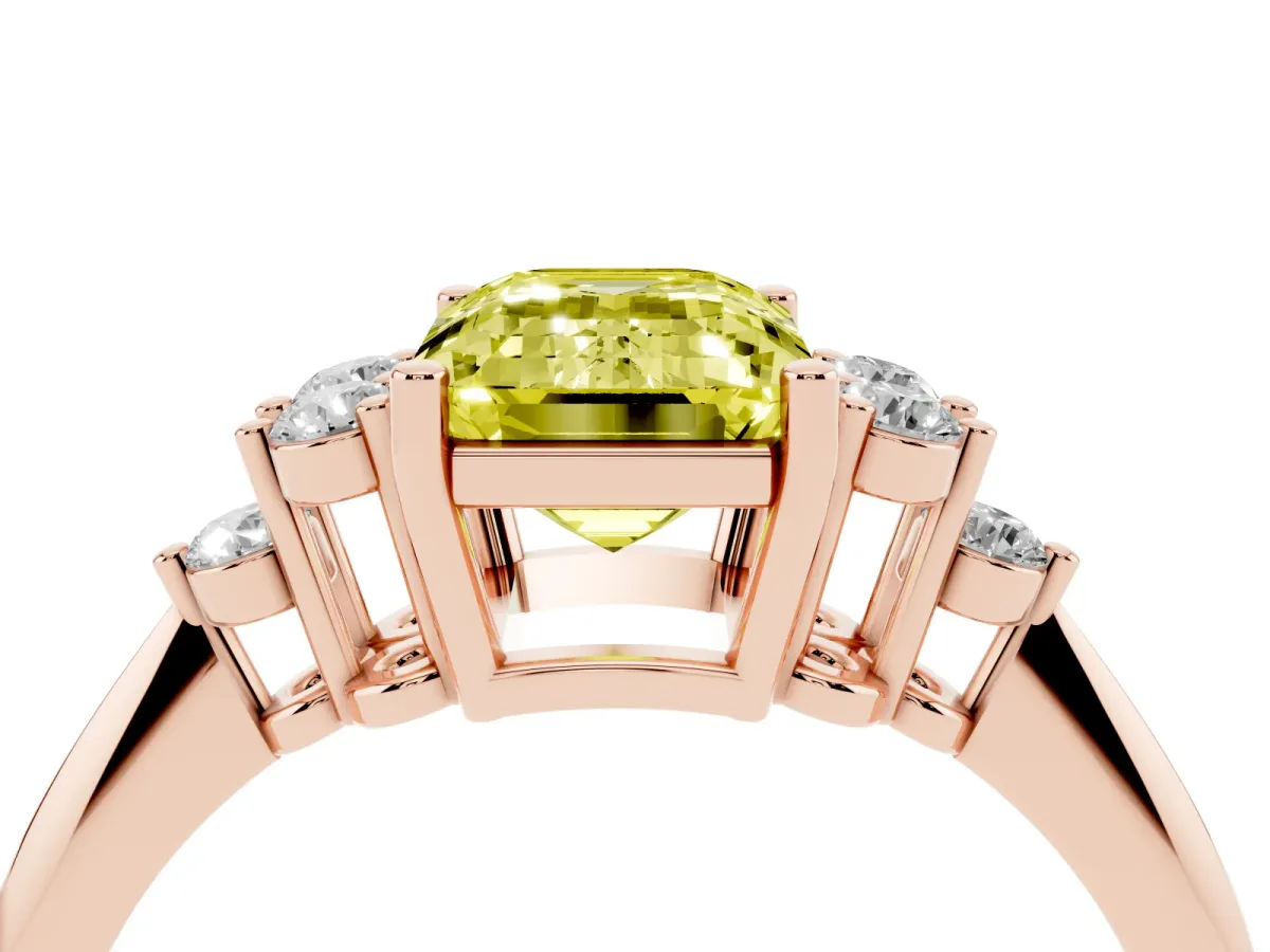 Fancy Yellow Emerald Cut Cut Diamond Cluster Ring with Solitaire Band and Four-Prong Setting Rose gold