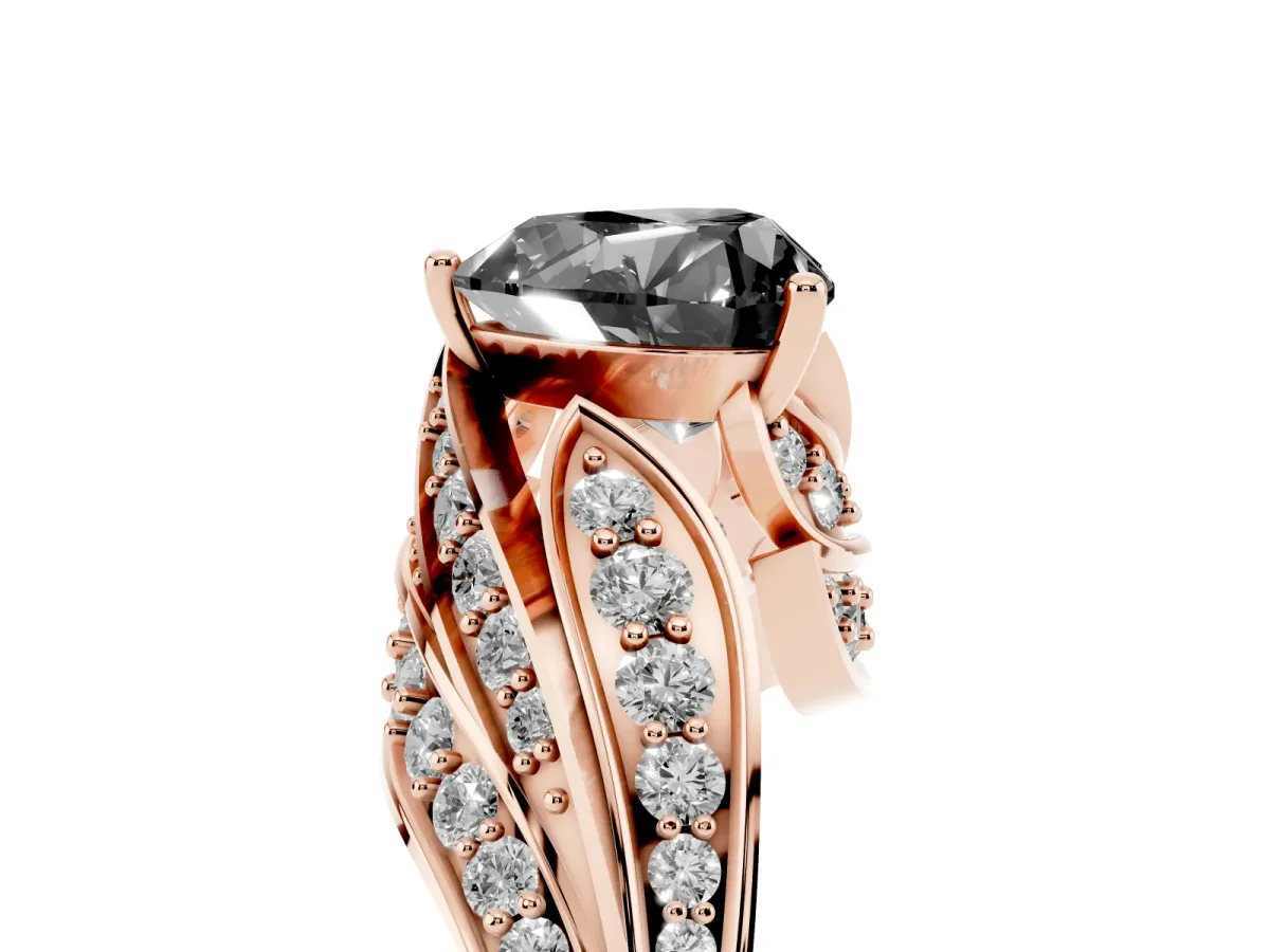 Fancy Black Heart Cut Diamond Solitaire Ring with Prong Setting and Twisted Pavé Band Rose gold