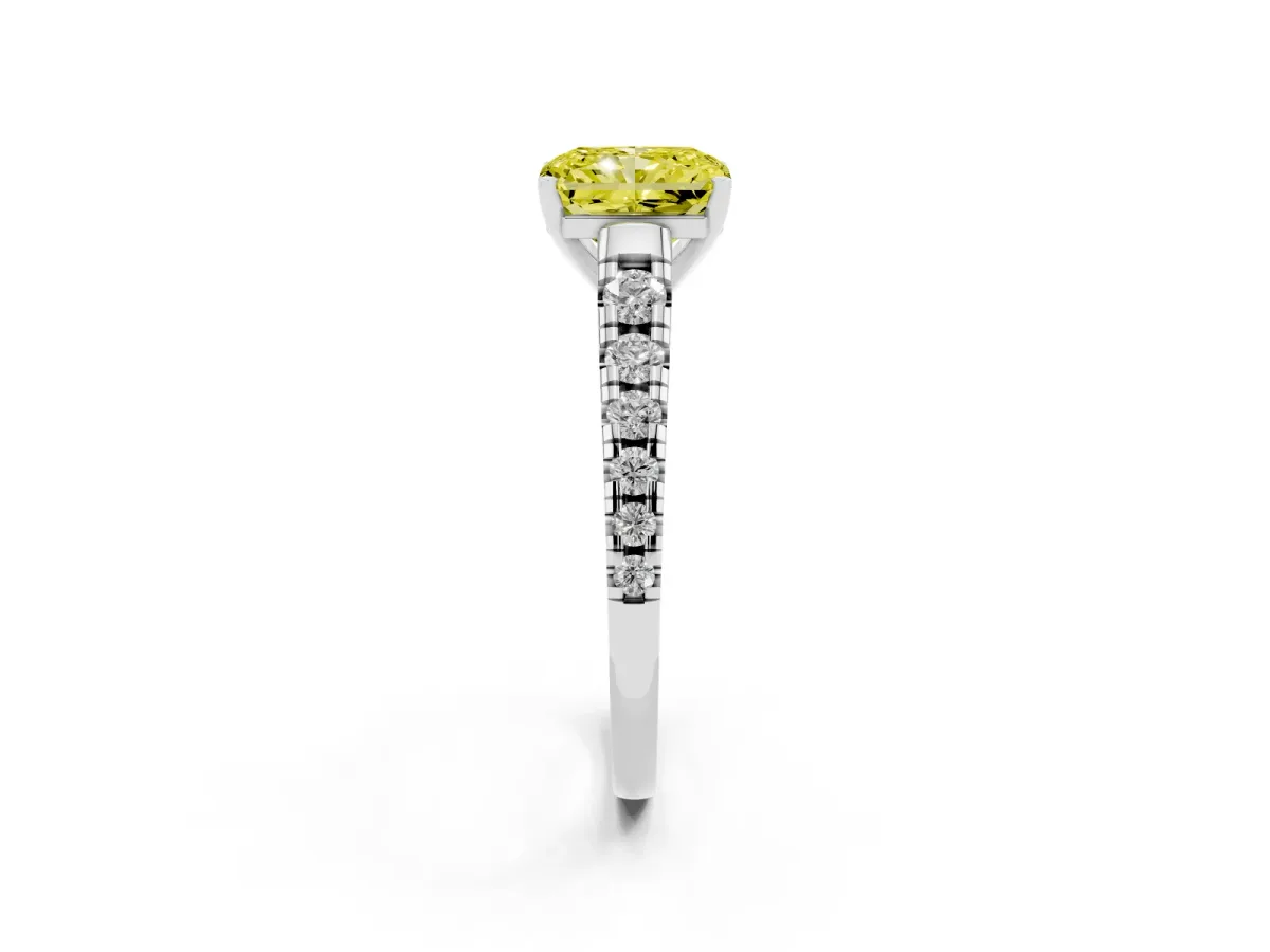 Fancy Yellow Radiant Cut Diamond Cathedral Solitaire Ring with Round Pavé Band Silver
