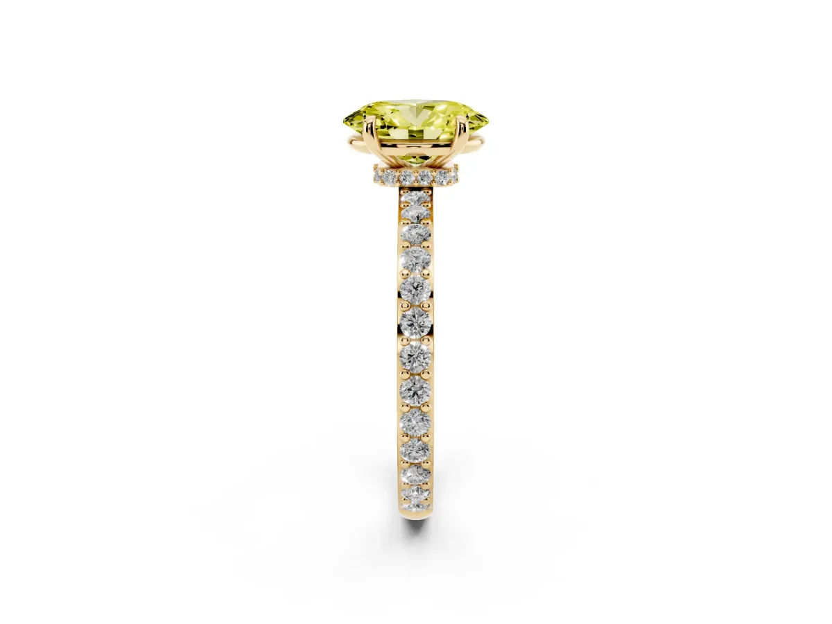 Fancy Yellow Oval Cut Diamond Pavé Engagement Ring with Round Accents and Prong Setting Yellow gold