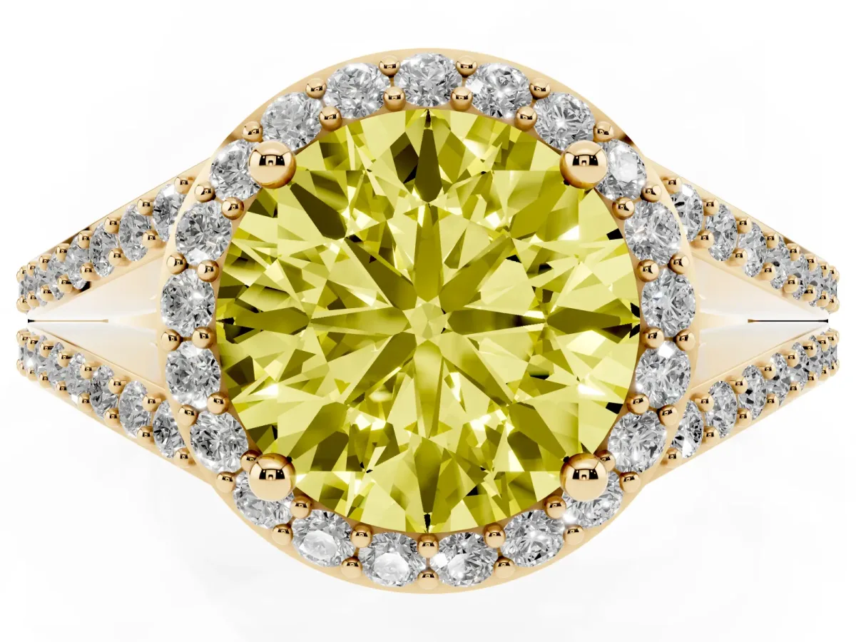 Fancy Yellow Round Cut Halo Split Shank Diamond Ring with Prong Setting Yellow gold