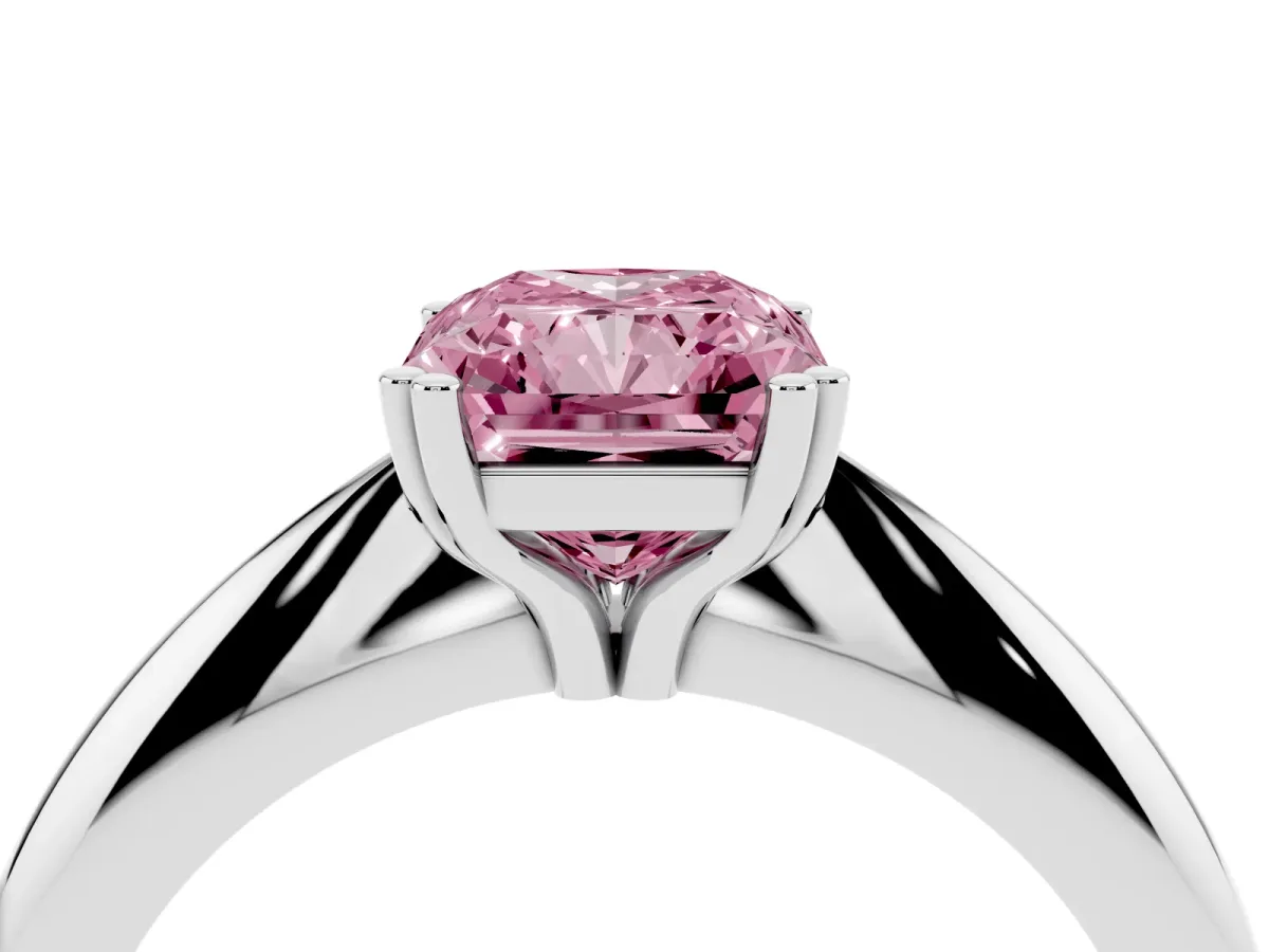 Fancy Pink Radiant Cut Cut Solitaire Engagement Ring with Tapered Band and Four-Prong Setting Platinum