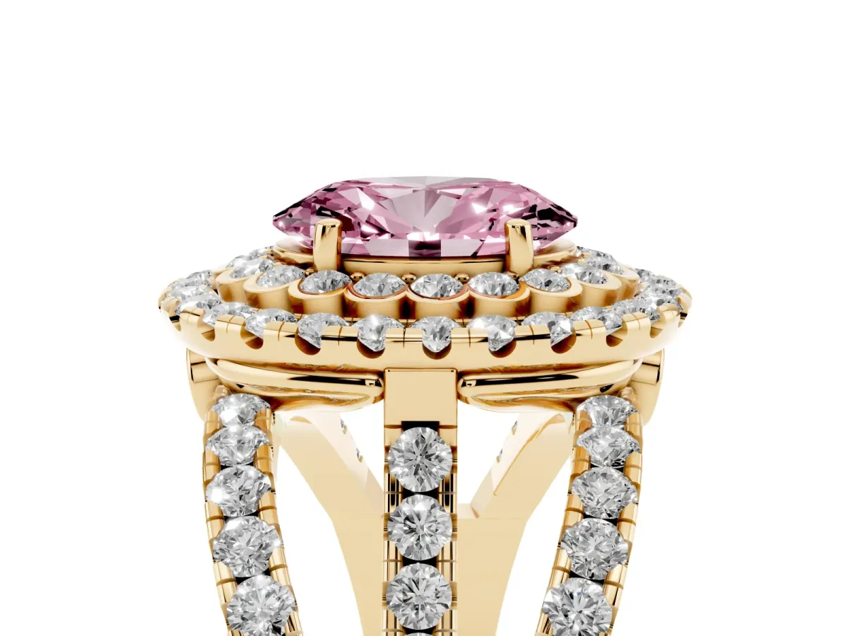 Fancy Pink Oval Cut Diamond Double Halo Ring with Round Pavé Split Shank and Prong Setting Yellow gold