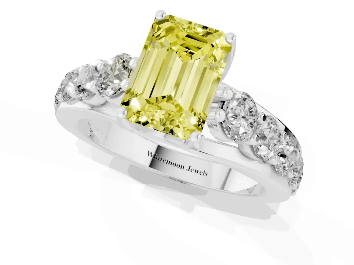 Fancy Yellow Emerald Cut Diamond Engagement Ring with Pavé Band and Four-Prong Setting Silver
