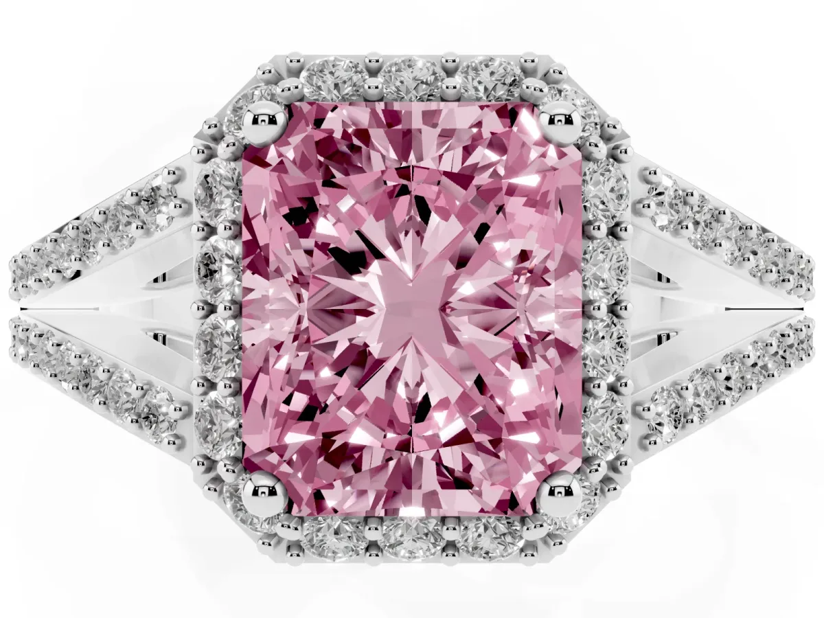 Fancy Pink Radiant Cut Halo Split Shank Pave Diamond Ring with Four-Prong Setting Silver
