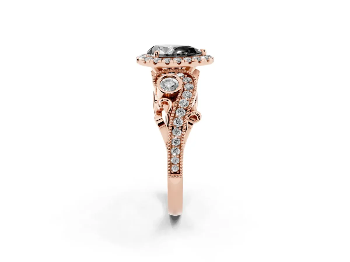 Fancy Black Pear Cut Halo Diamond Ring with Milgrain and Bezel Accents on a Split Shank Band Rose gold