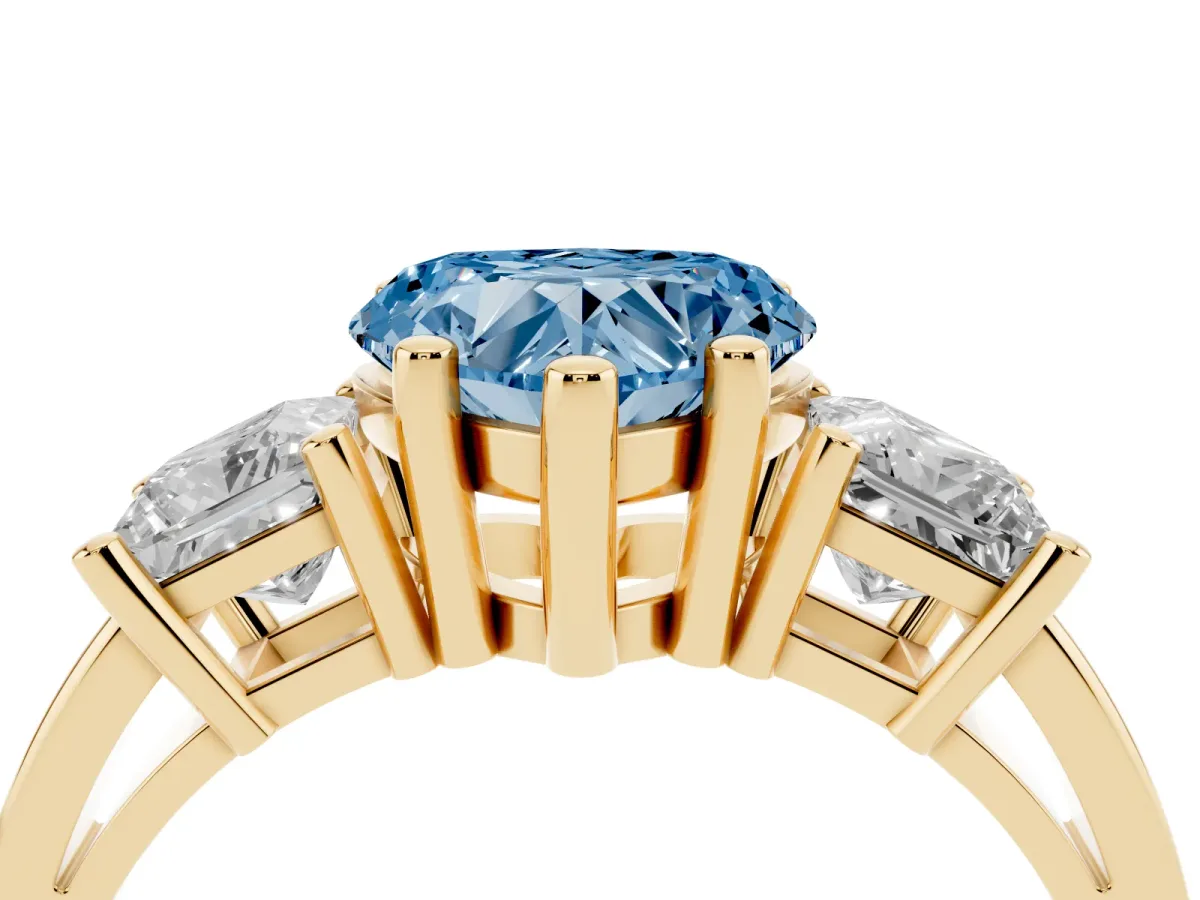 Fancy Blue Three-Stone Heart Cut Cut Solitaire Ring with Prong Setting Yellow gold