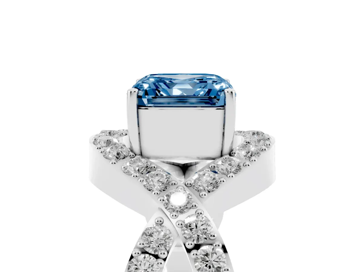 Fancy Blue Asscher Cut Solitaire Twist Band Pavé Diamond Engagement Ring Platinum