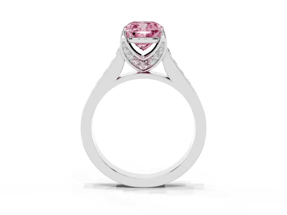 Fancy Pink Cushion Cut Brilliant Cut Diamond Engagement Ring with Pavé Band and Four-Prong Setting Platinum