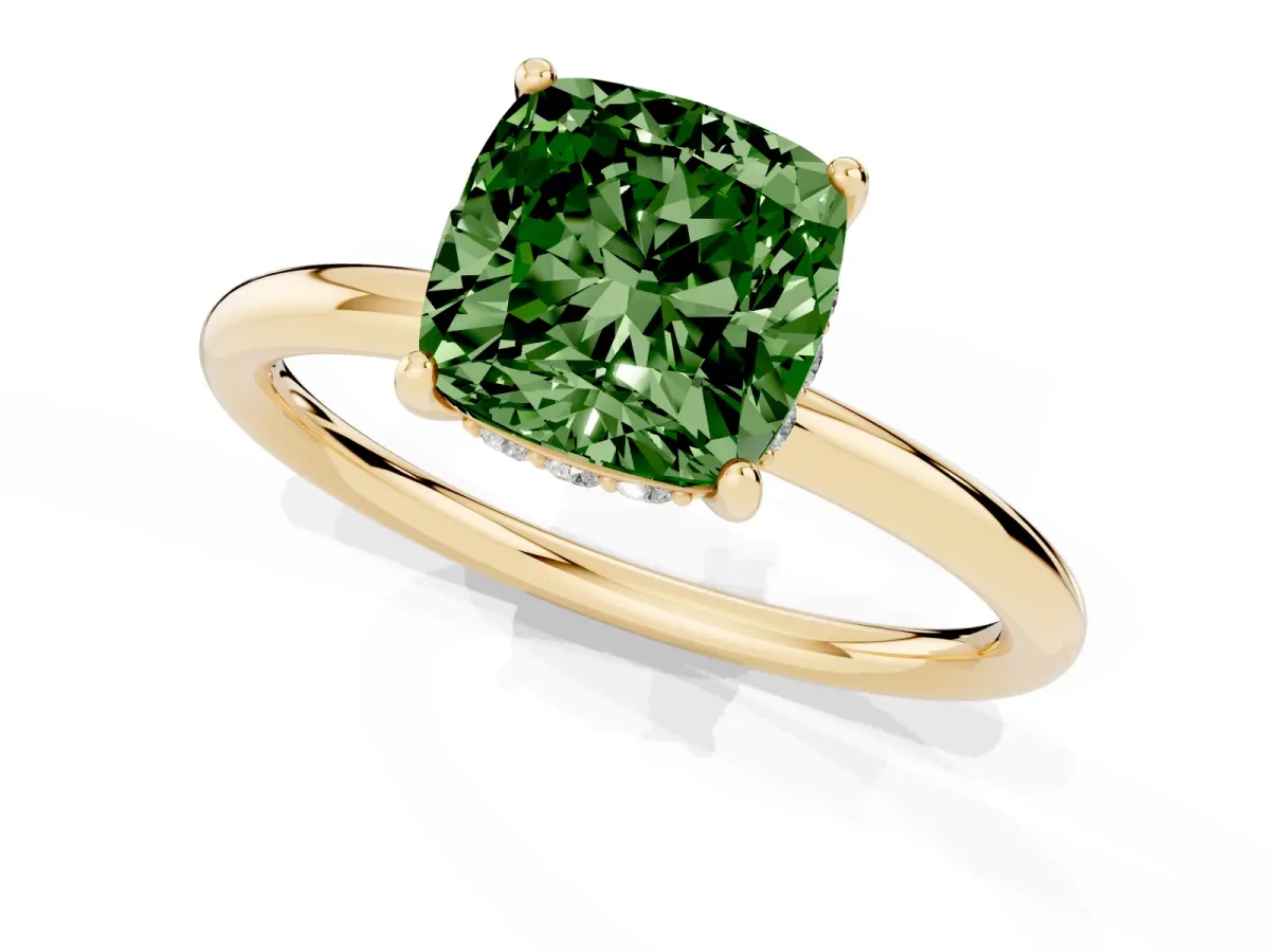 Fancy Green Cushion Cut Solitaire Diamond Ring with a Classic Band and Four-Prong Setting Yellow gold