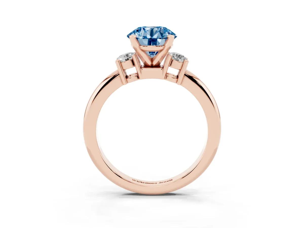 Fancy Blue Three-Stone Round Cut Cut Diamond Solitaire with Prong Setting and Classic Band Rose gold