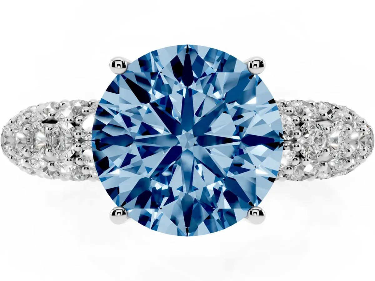 Fancy Blue Round Cut Diamond Pavé Band Solitaire Ring with Four-Prong Setting White gold