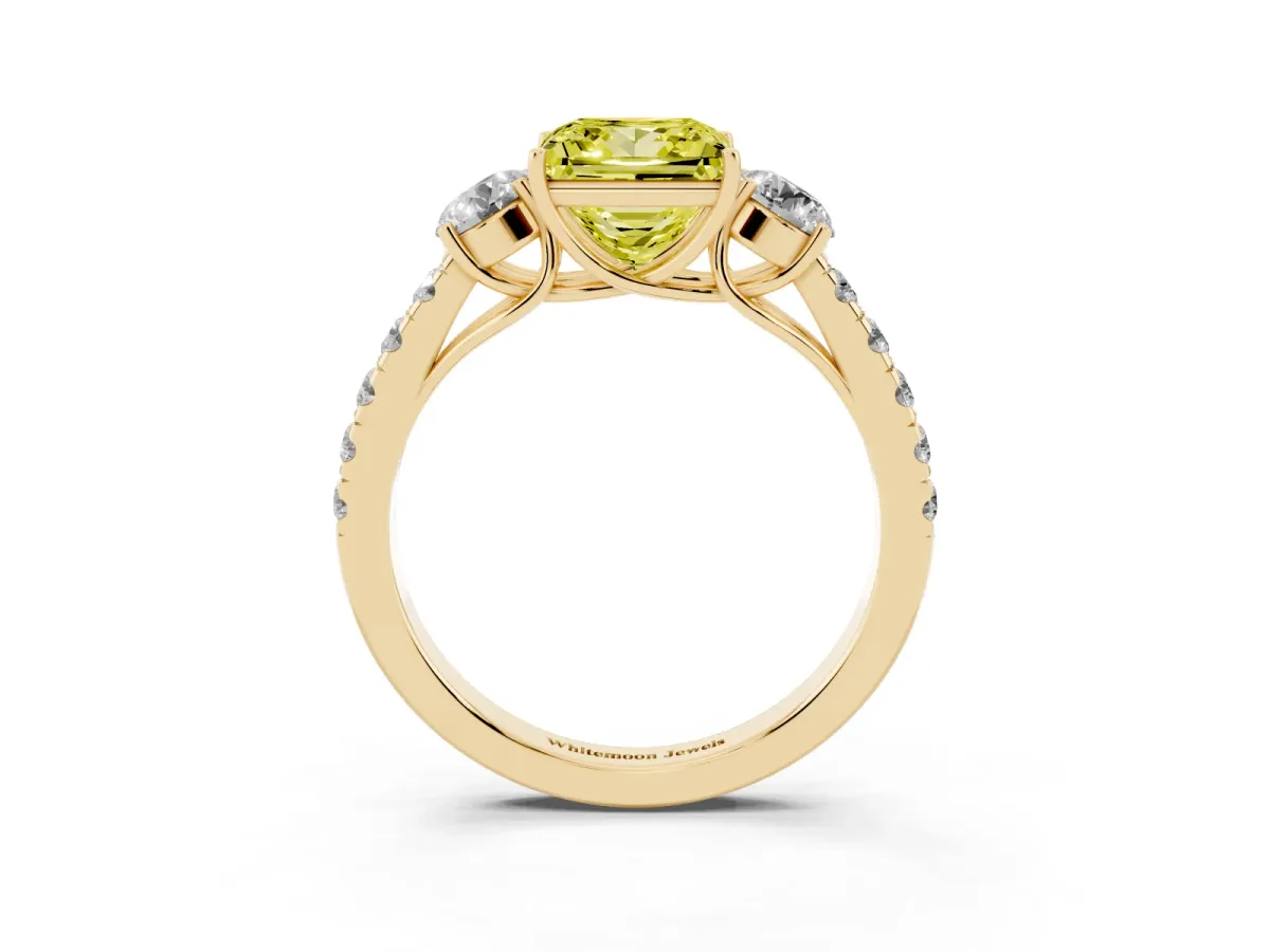 Fancy Yellow Princess Cut Cut Diamond Three-Stone Ring with Round Side Stones and Pavé Band Yellow gold
