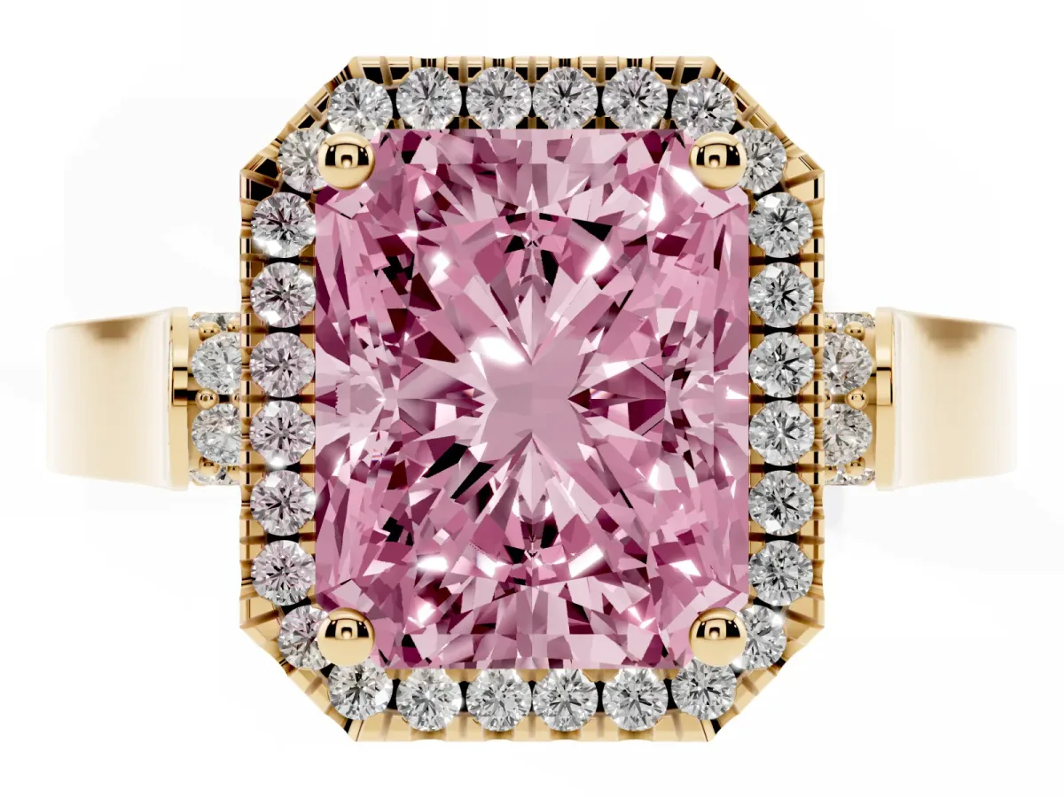 Fancy Pink Radiant Cut Halo Round Diamond Twist Band with Four-Prong Setting Yellow gold