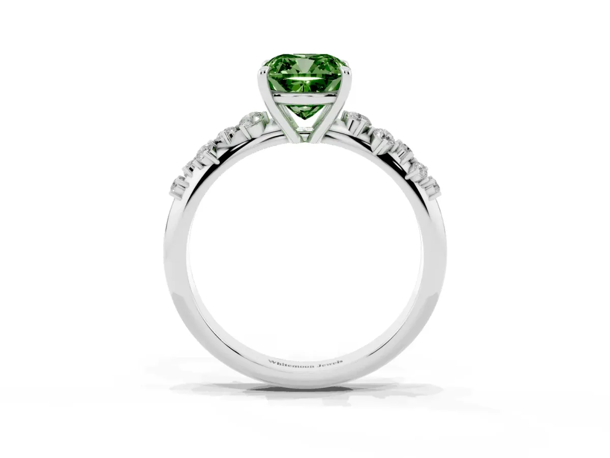 Fancy Green Cushion Cut Diamond Cluster Side Stone Solitaire Ring with Prong Setting Platinum