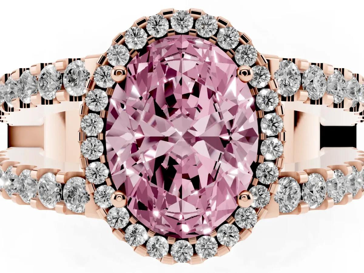 Fancy Pink Oval Cut Cut Halo Split Shank Diamond Ring with Four-Prong Setting Rose gold