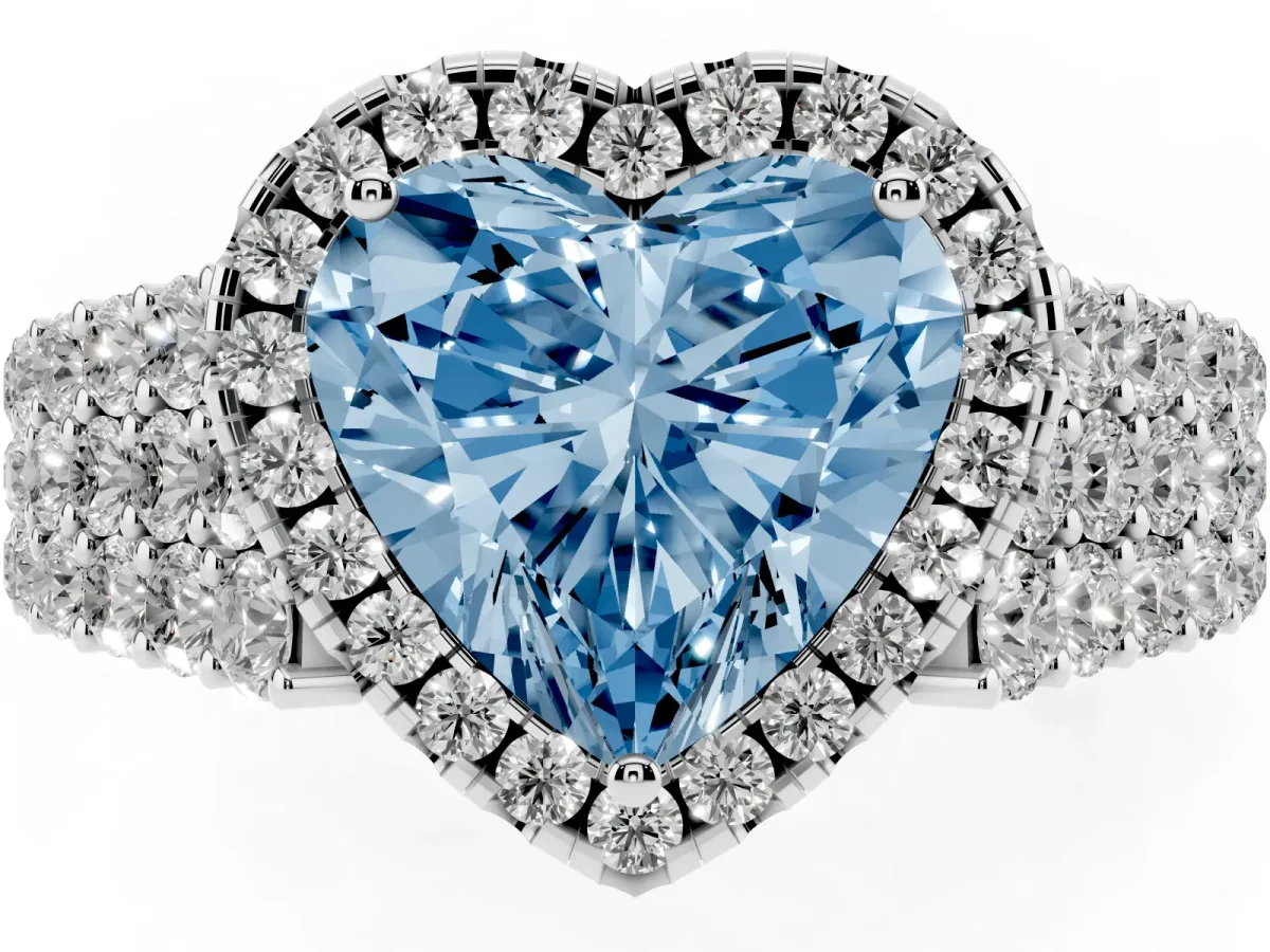 Fancy Blue Heart Cut Diamond Halo Engagement Ring with Triple Row Round Pavé Band and Prong Setting White gold