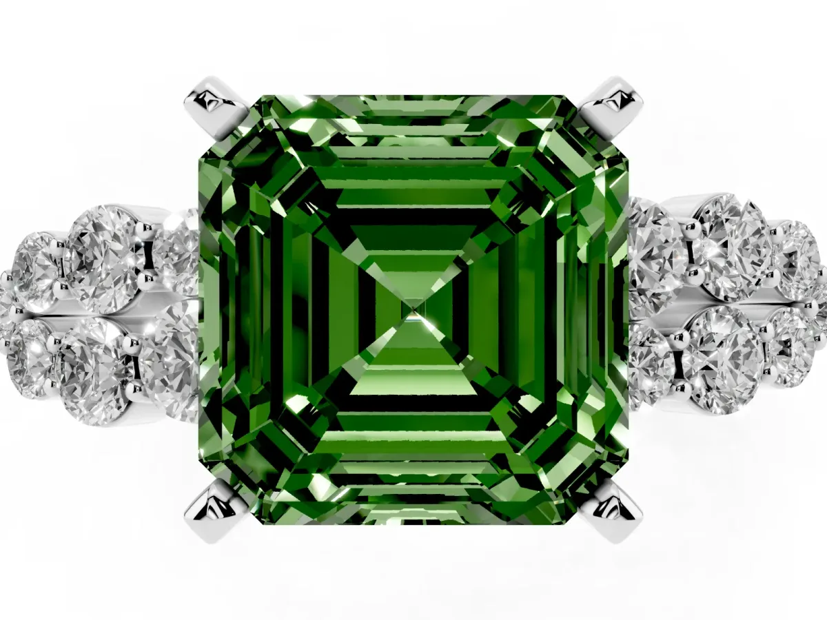 Fancy Green Asscher Cut Cluster Diamond Engagement Ring with Pavé Band and Four-Prong Setting Platinum