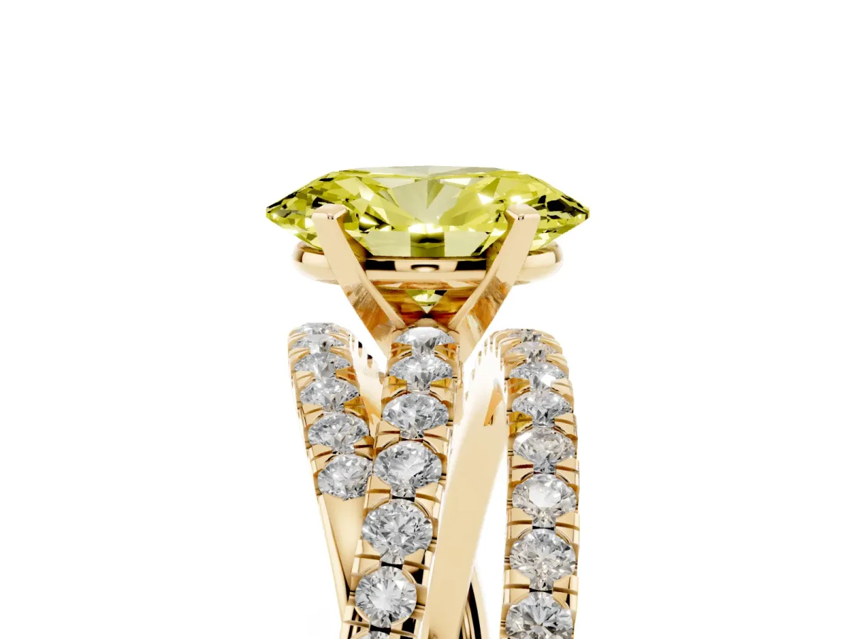 Fancy Yellow Oval Cut Solitaire Twist Band with Pavé Setting and Four-Prong Setting Yellow gold