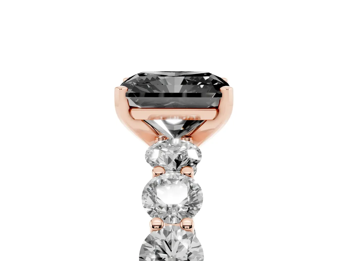 Fancy Black Radiant Cut Diamond Prong Setting with Side Stones on a Pave Band Rose gold