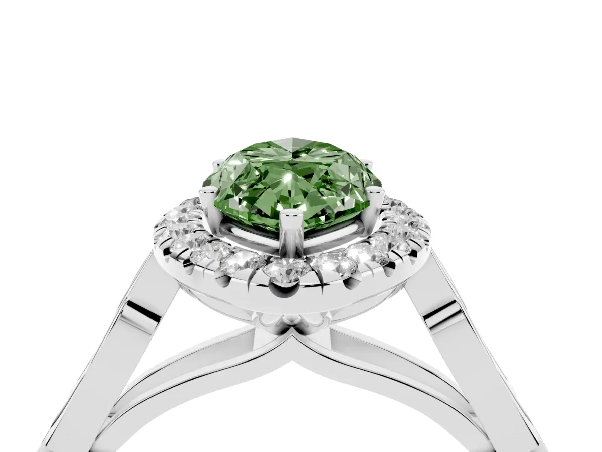 Fancy Green Marquise Cut Halo Diamond Engagement Ring with Filigree Band and Four-Prong Setting Silver