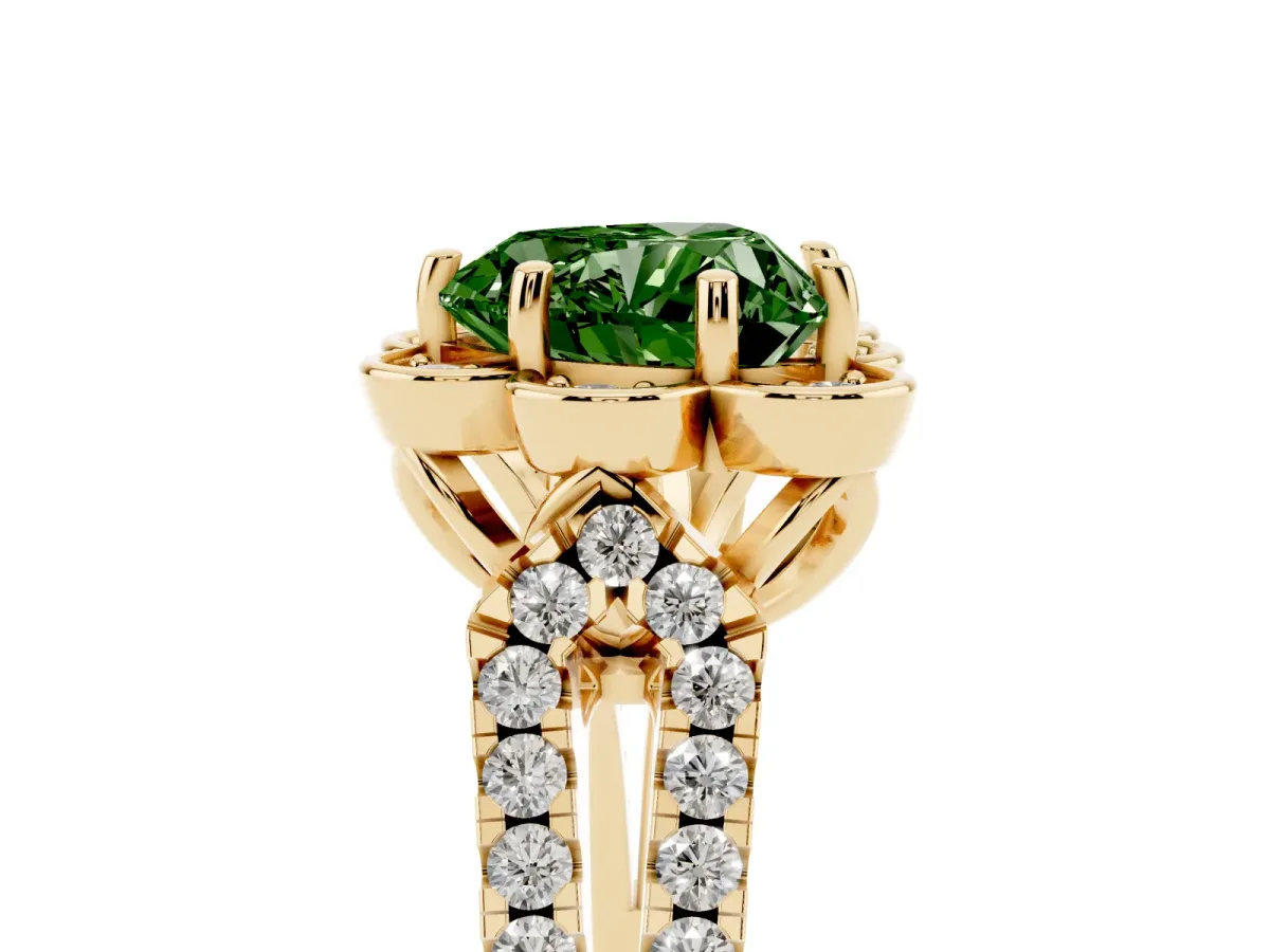 Fancy Green Heart Cut Halo Diamond Floral Split Shank Engagement Ring Yellow gold