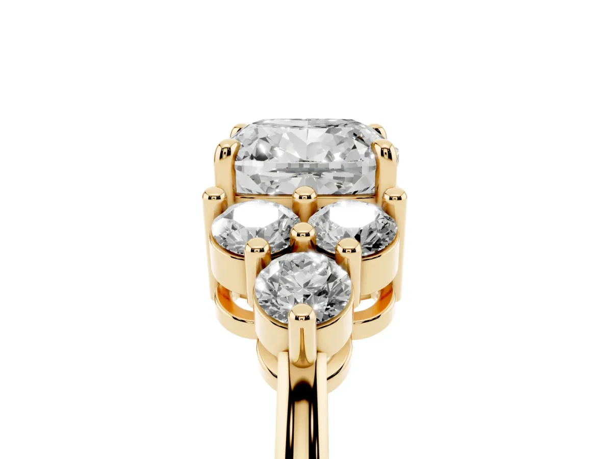 Cushion Cut Brilliant Diamond Cluster Accent Solitaire Ring with Prong Setting Yellow gold