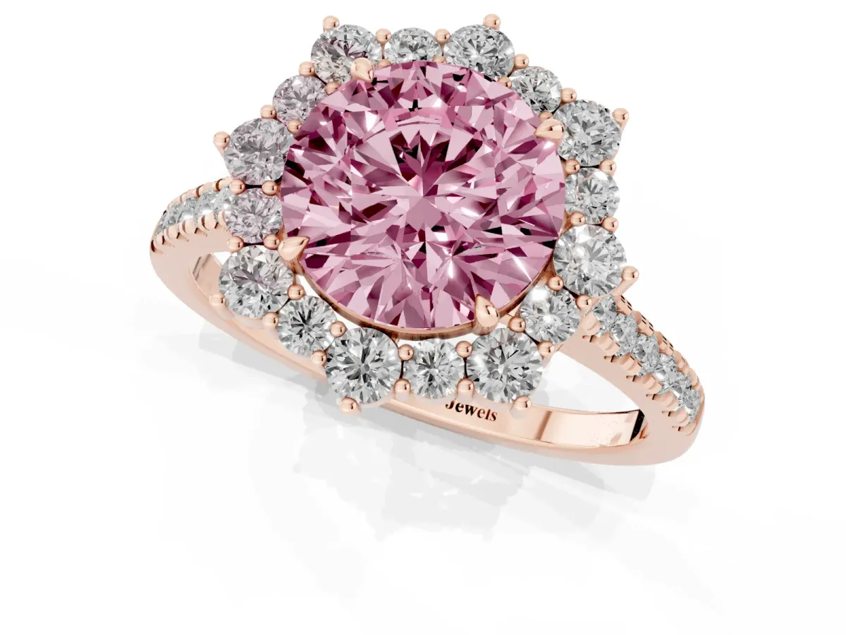 Fancy Pink Round Cut Halo Diamond Ring with Pavé Band and Prong Setting Rose gold