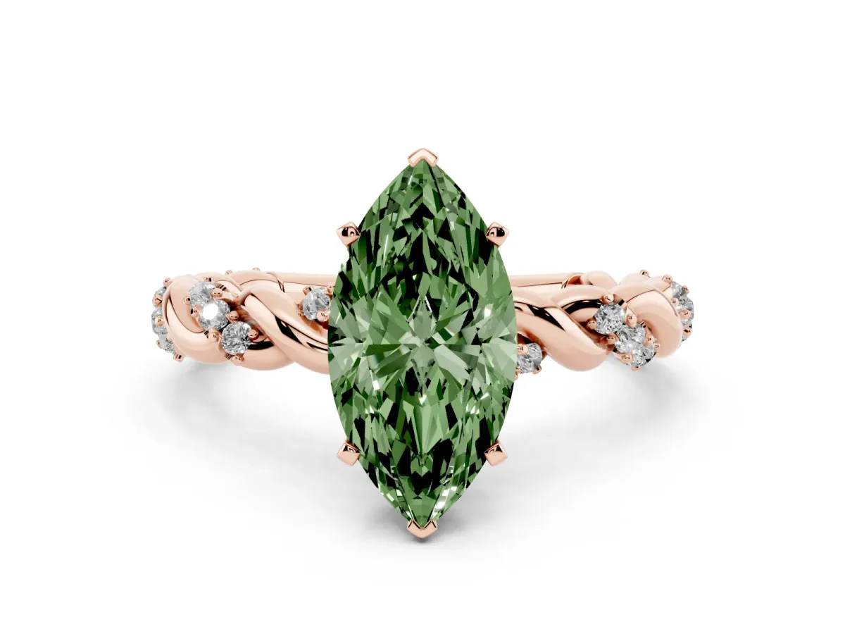 Fancy Green Marquise Cut Diamond Solitaire Ring with Twisted Band and Pavé Accents Rose gold