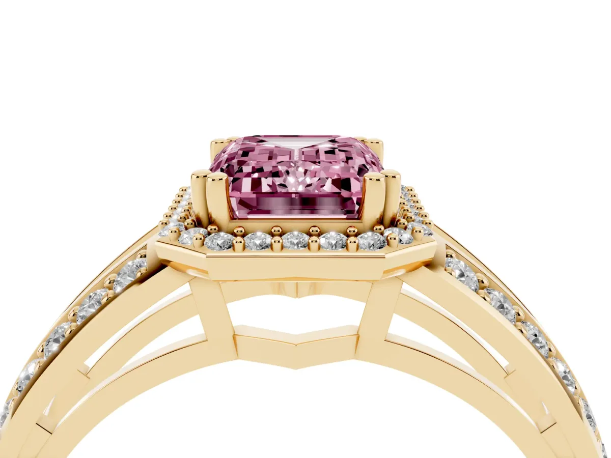 Fancy Pink Emerald Cut Diamond Halo Ring with Split Shank Pavé Band and Four-Prong Setting Yellow gold