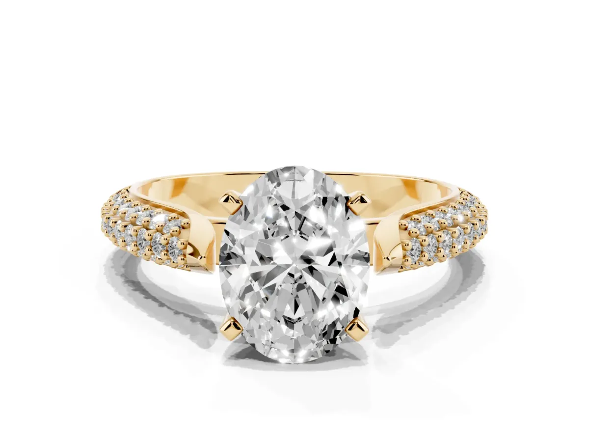 Oval Cut Diamond Solitaire Engagement Ring with Multi-Row Round Pavé Band and Prong Setting Yellow gold