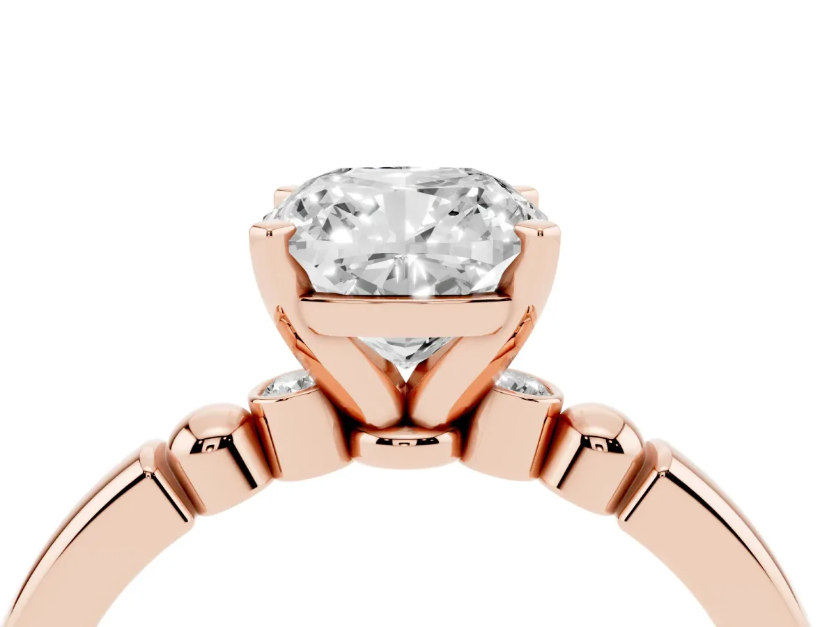 Cushion Cut Solitaire Beaded Band with Four-Prong Setting Rose gold
