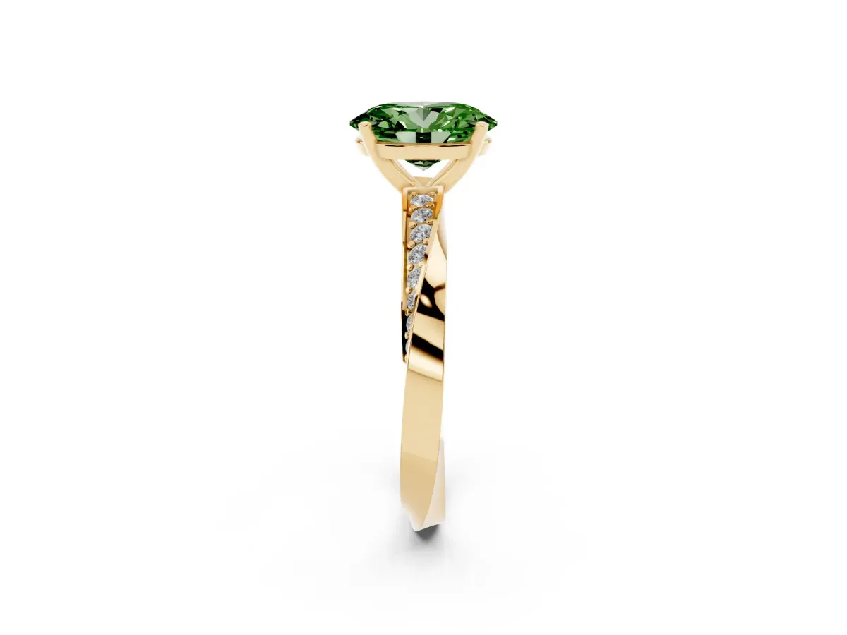 Fancy Green Oval Cut Diamond Engagement Ring with Side Stone Accents and Four-Prong Setting Yellow gold