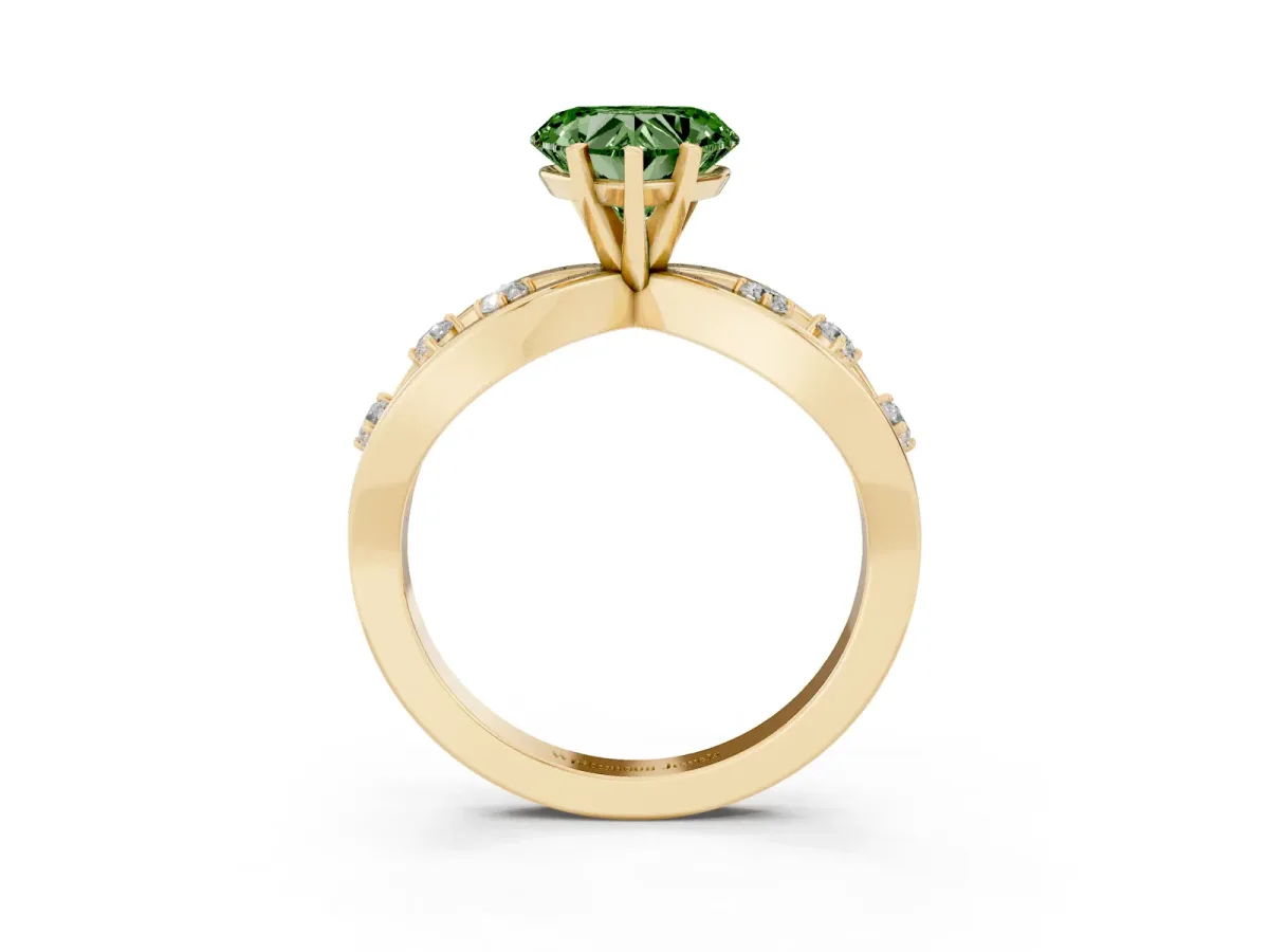 Fancy Green Heart Cut Cut Solitaire Diamond with Side Stones on Criss-Cross Band and Four-Prong Setting Yellow gold