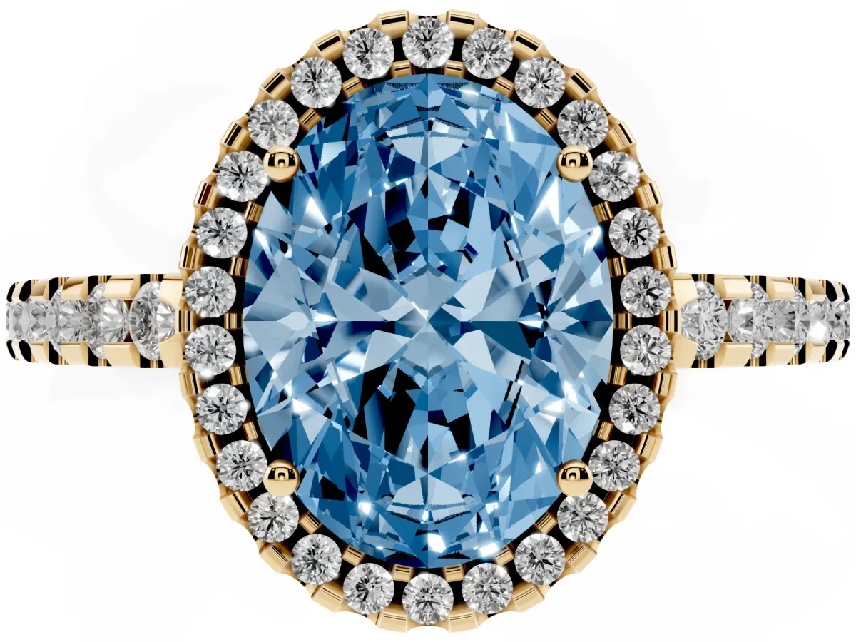 Fancy Blue Oval Cut Diamond Halo Engagement Ring with Pavé Band and Prong Setting Yellow gold