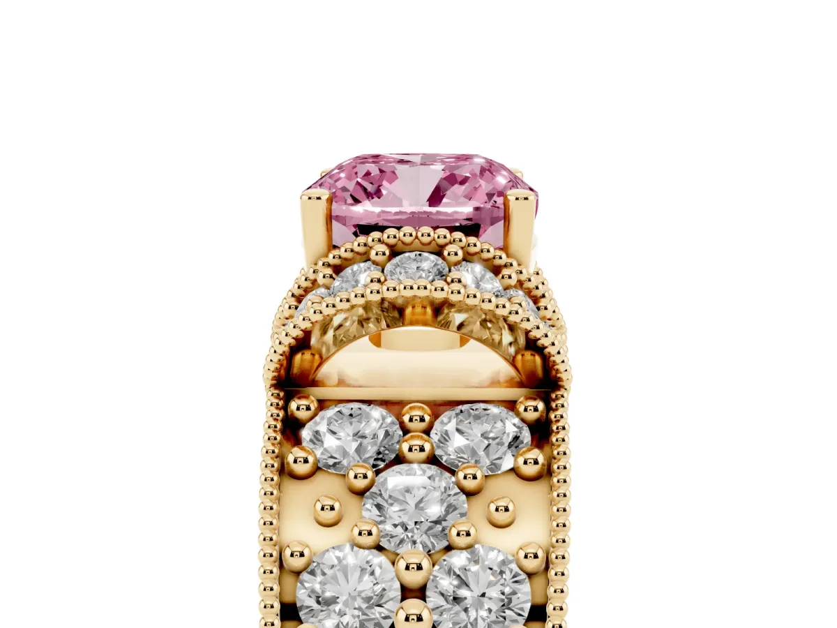 Fancy Pink Cushion Cut Halo Pave Diamond Engagement Ring with Milgrain Detailing Yellow gold