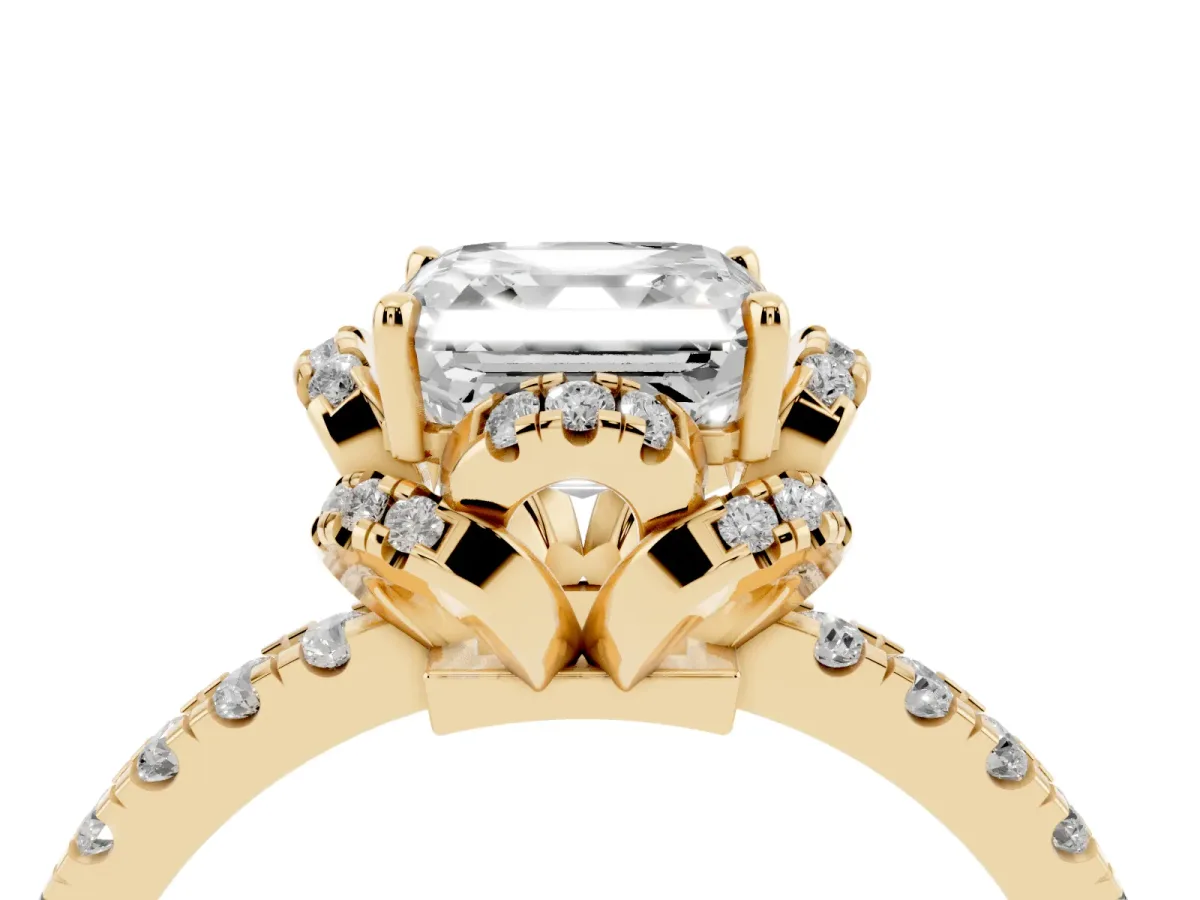 Asscher Cut Halo Diamond Pave Band Ring with Four-Prong Setting Yellow gold