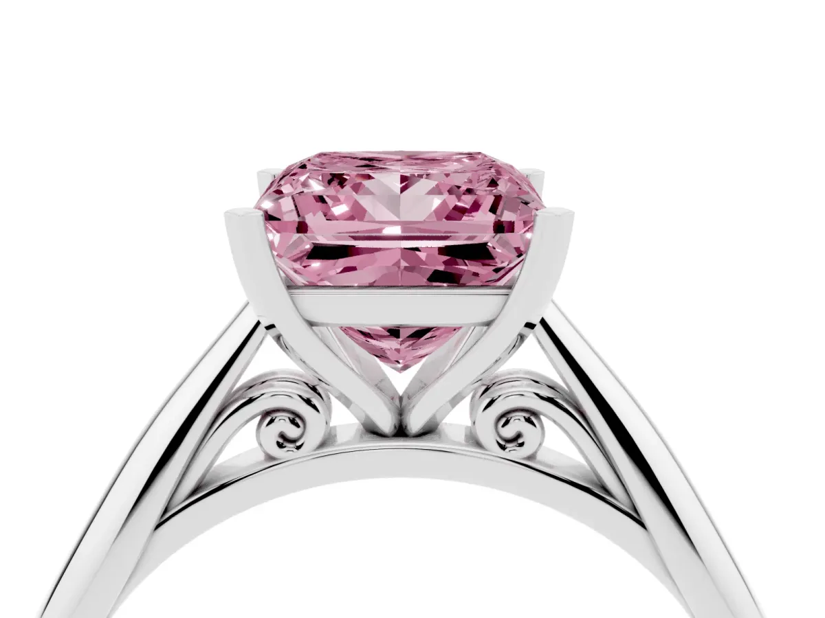 Fancy Pink Princess Cut Diamond Solitaire Engagement Ring with Cathedral Setting and Four-Prong Mount Silver