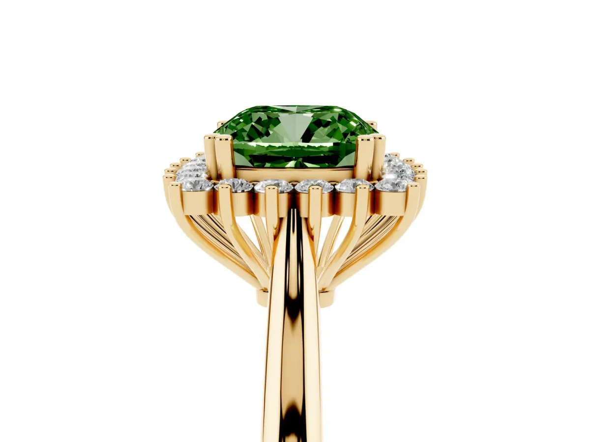 Fancy Green Cushion Cut Cut Diamond Halo Ring with Solitaire Band and Prong Setting Yellow gold