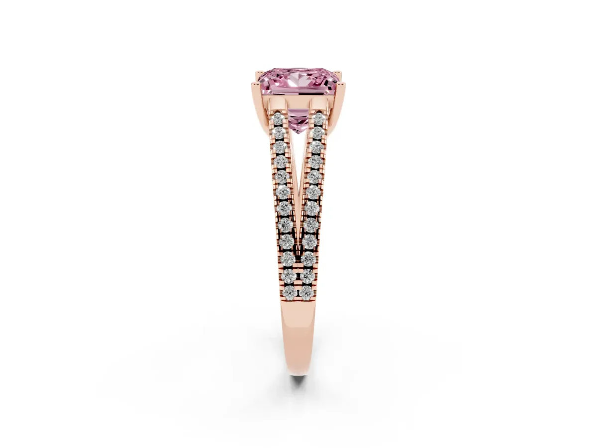 Fancy Pink Princess Cut Diamond Solitaire Engagement Ring with Split Shank Pavé Band Rose gold