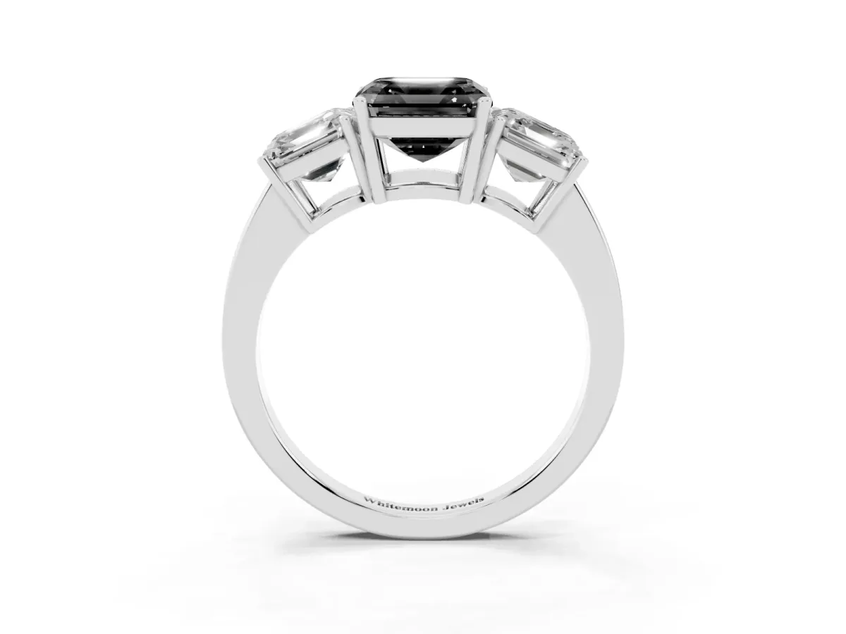 Fancy Black Three-Stone Asscher Cut Cut Diamond Engagement Ring with Flat Band and Four-Prong Setting Silver