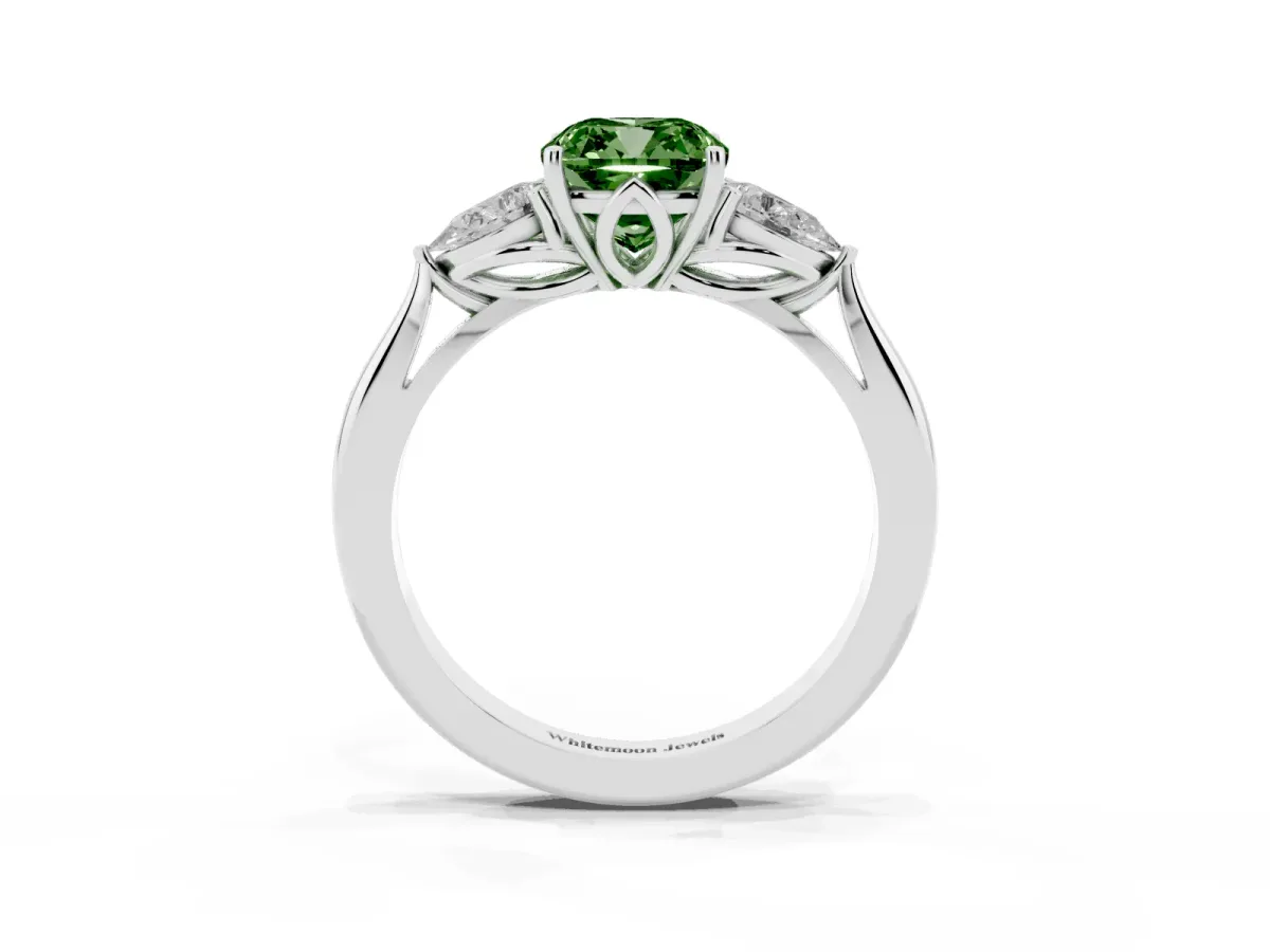 Fancy Green Three-Stone Cushion Cut Brilliant Diamond Solitaire Ring with Tapered Band and Four-Prong Setting Silver