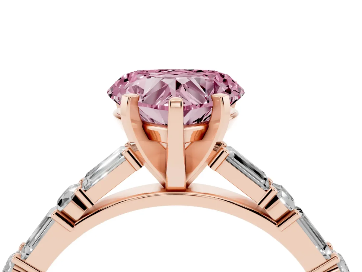Fancy Pink Heart Cut Diamond Solitaire with Side Baguettes and Channel Set Band Rose gold