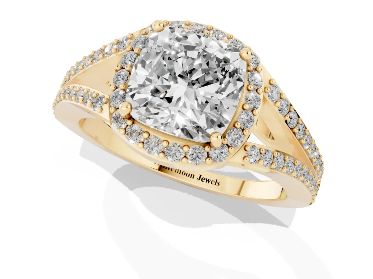 Cushion Cut Halo Split Shank Pave Diamond Ring with Four-Prong Setting Yellow gold