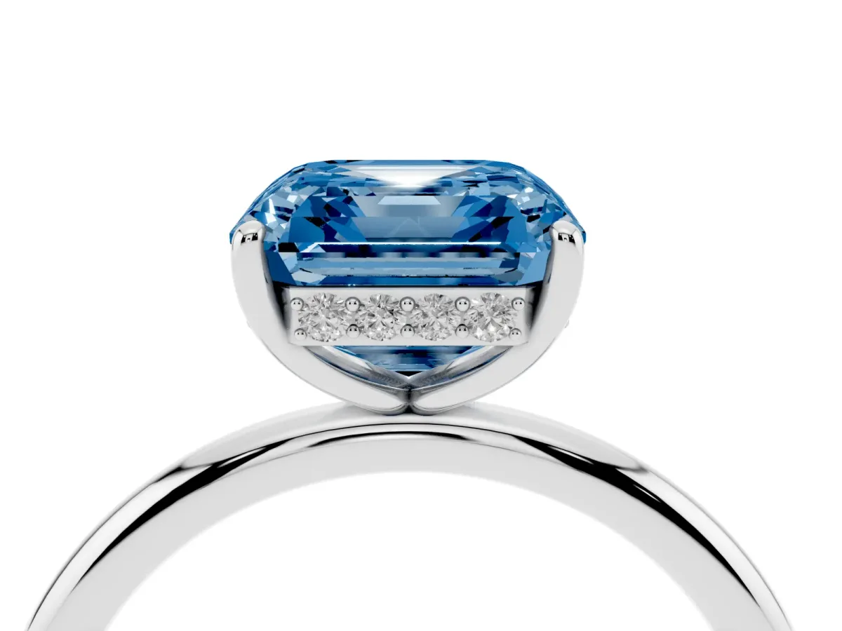 Fancy Blue Asscher Cut Solitaire Diamond Ring with a Classic Band and Four-Prong Setting Silver