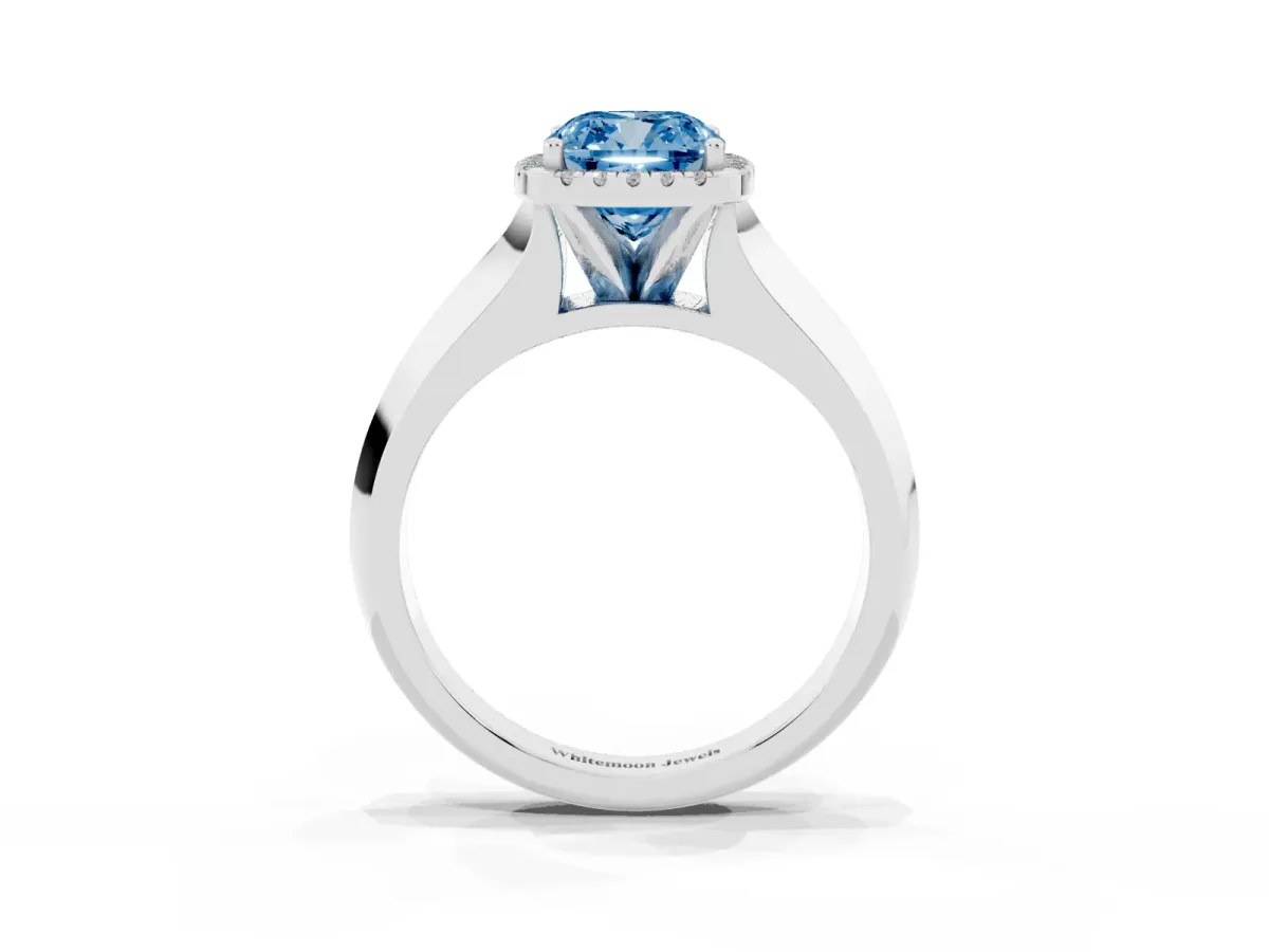 Fancy Blue Cushion Cut Halo Diamond Ring with Cathedral Band and Four-Prong Setting Silver