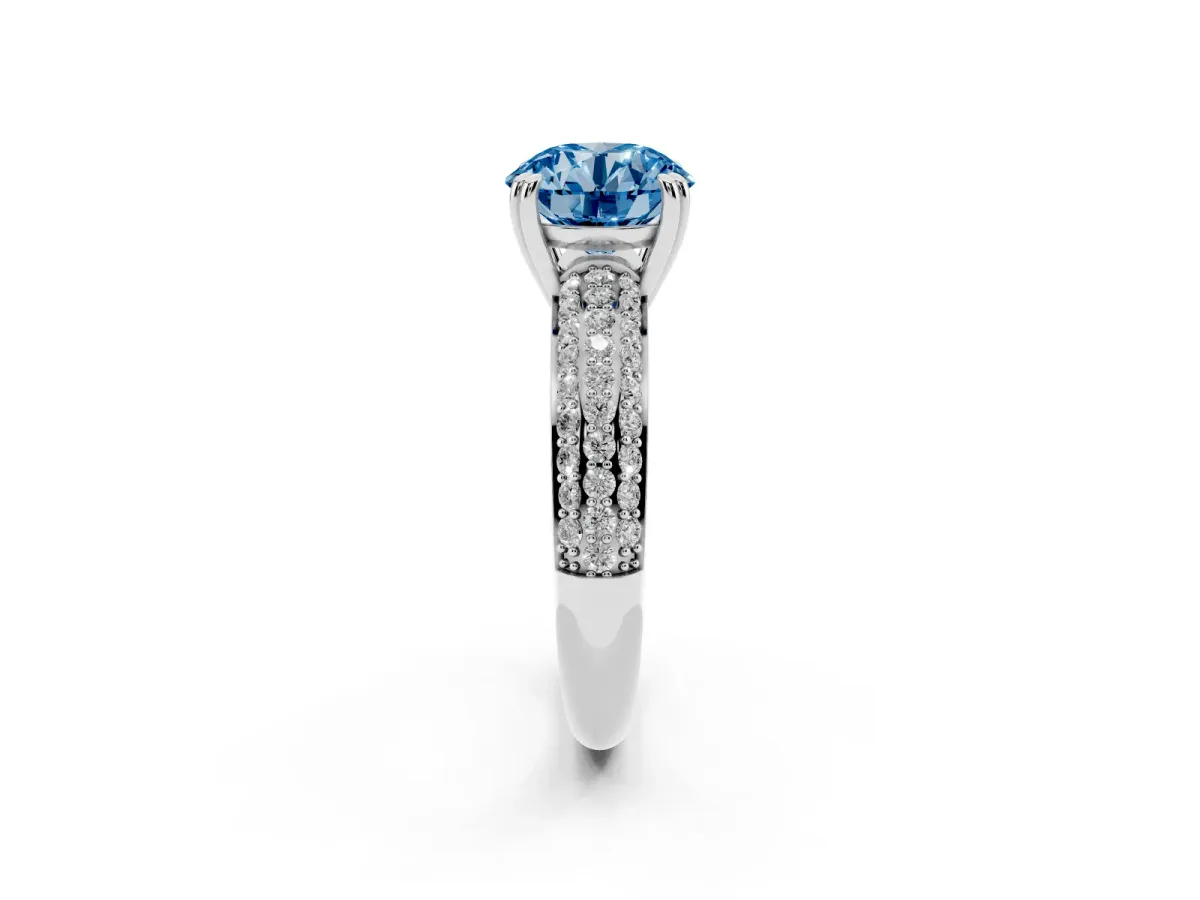 Fancy Blue Round Cut Diamond Solitaire Ring with Multi-Row Round Pavé Band and Prong Setting Silver