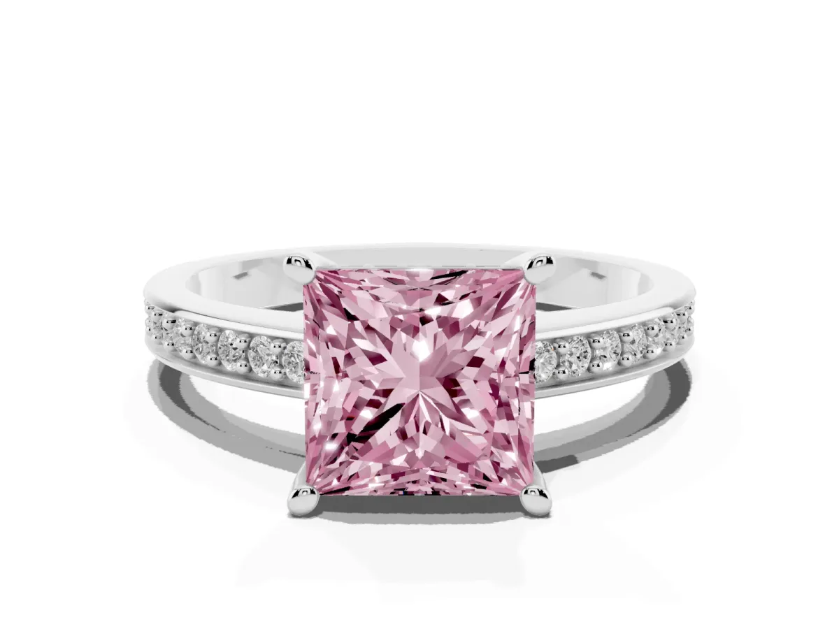 Fancy Pink Princess Cut Solitaire Pavé Band Prong Setting Ring Silver