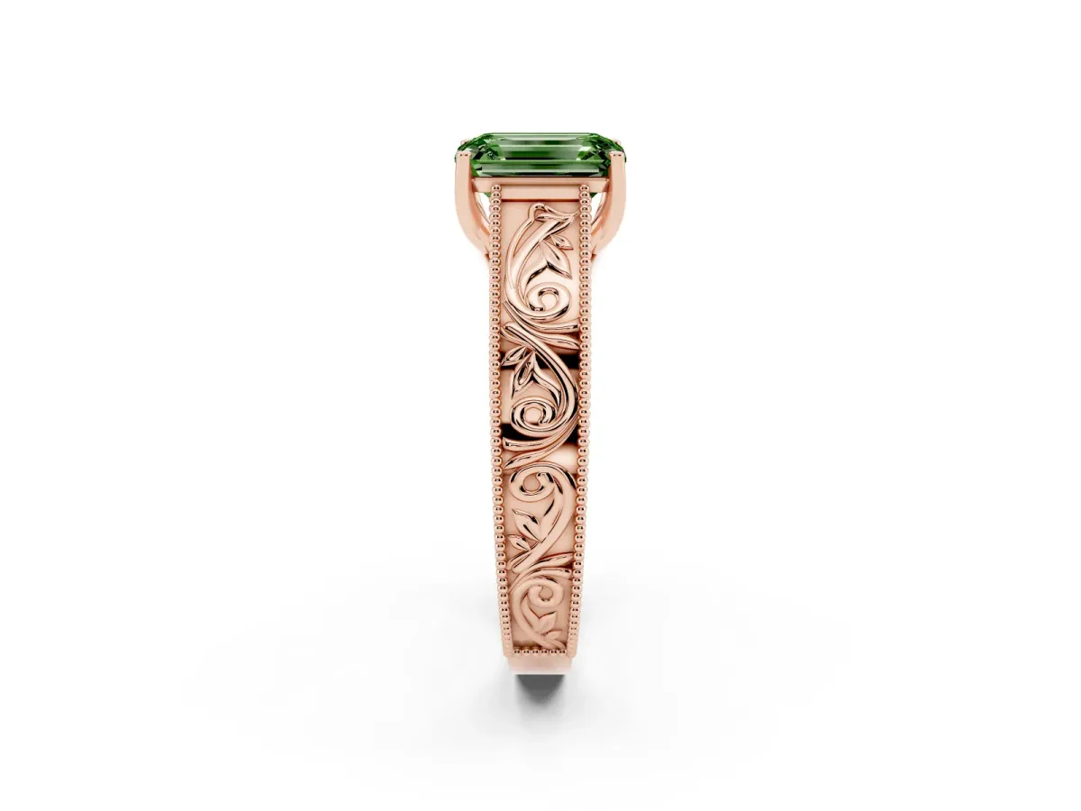 Fancy Green Emerald Cut Diamond Solitaire Ring with Engraved Band and Four-Prong Setting Rose gold